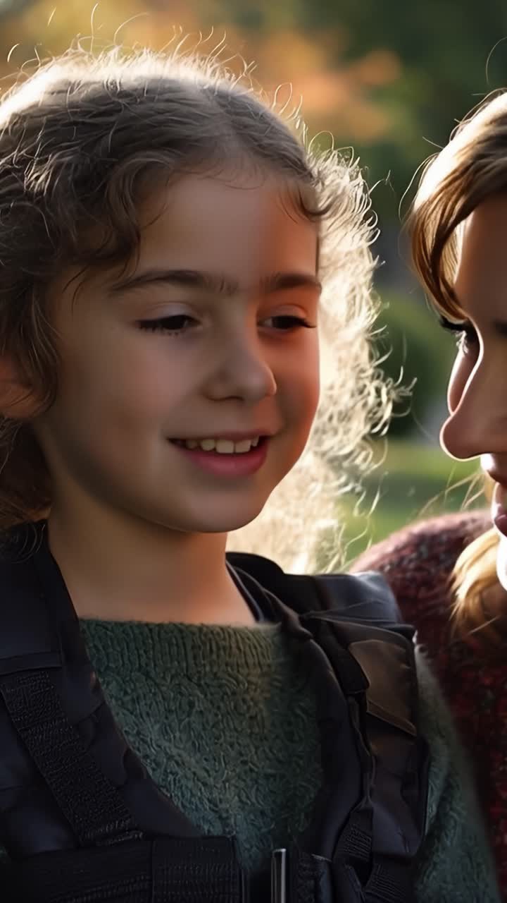 Soft sunlight kisses a child's cheek. Child beams, eyes bright with joy. Woman smiles warmly, eyes closed in affection. Warmth and love linger in the golden hour