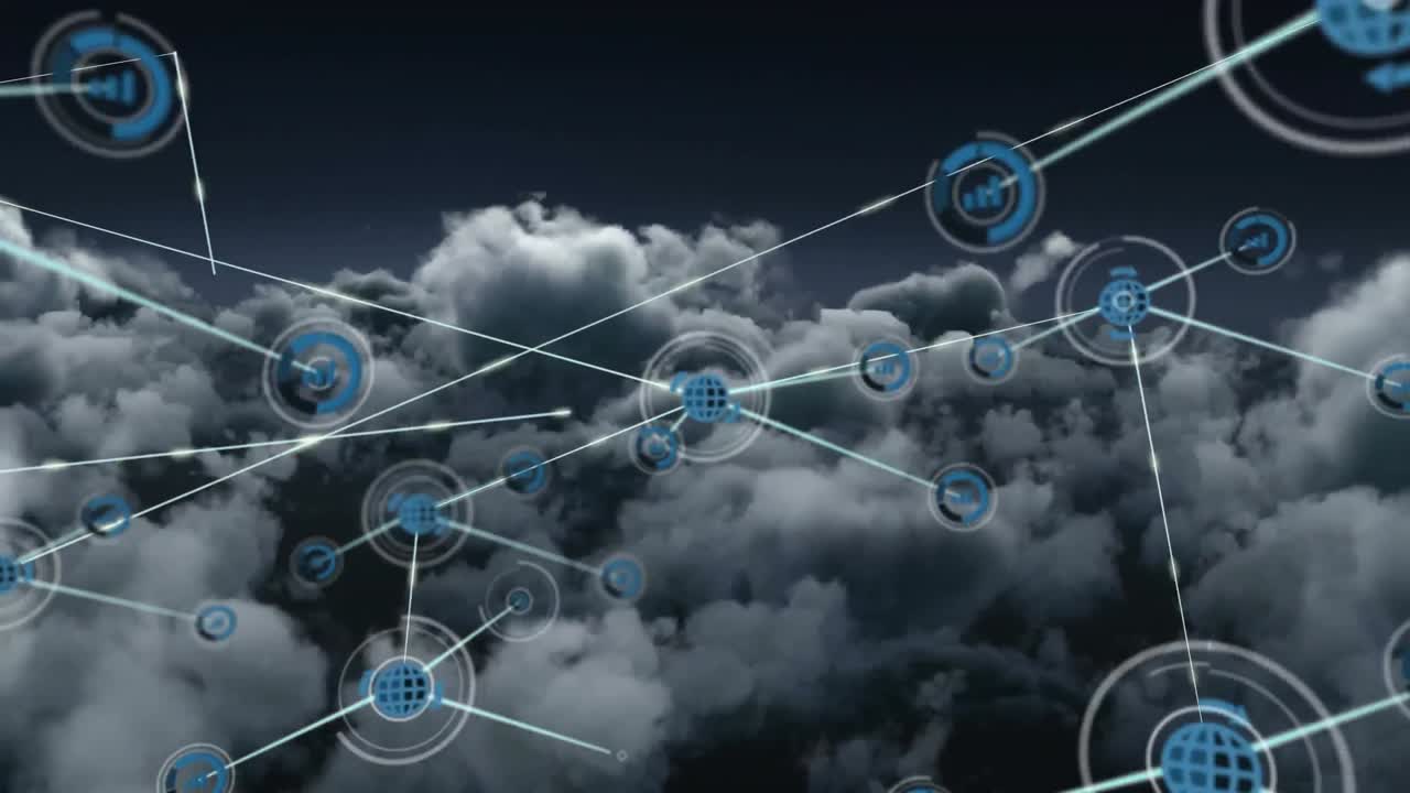 Animation of networks of connections with icons over sky