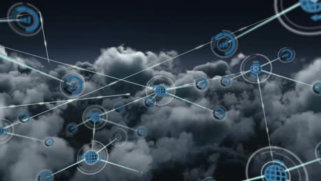 Animation-of-networks-of-connections-with-icons-over-sky