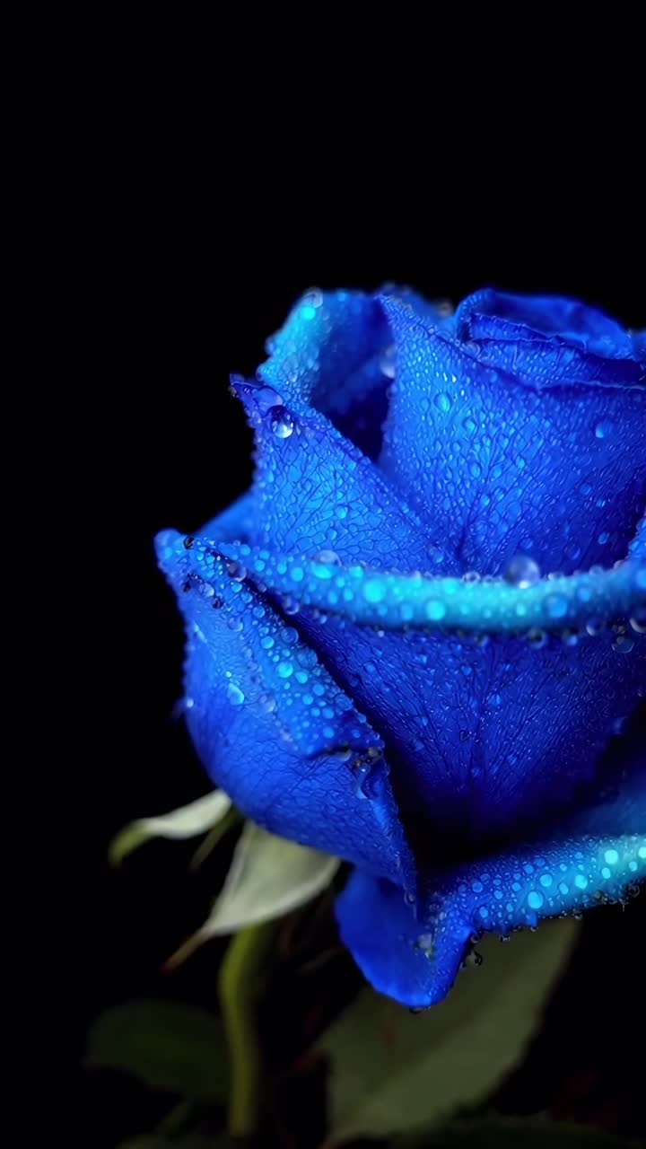 Primo piano di una rosa blu vibrante con gocce di rugiada, ripresa da un'angolazione laterale, ideale per l'uso video.