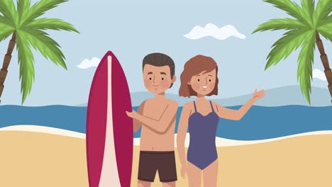 una pareja de surfistas con una tabla de surf roja en la playa