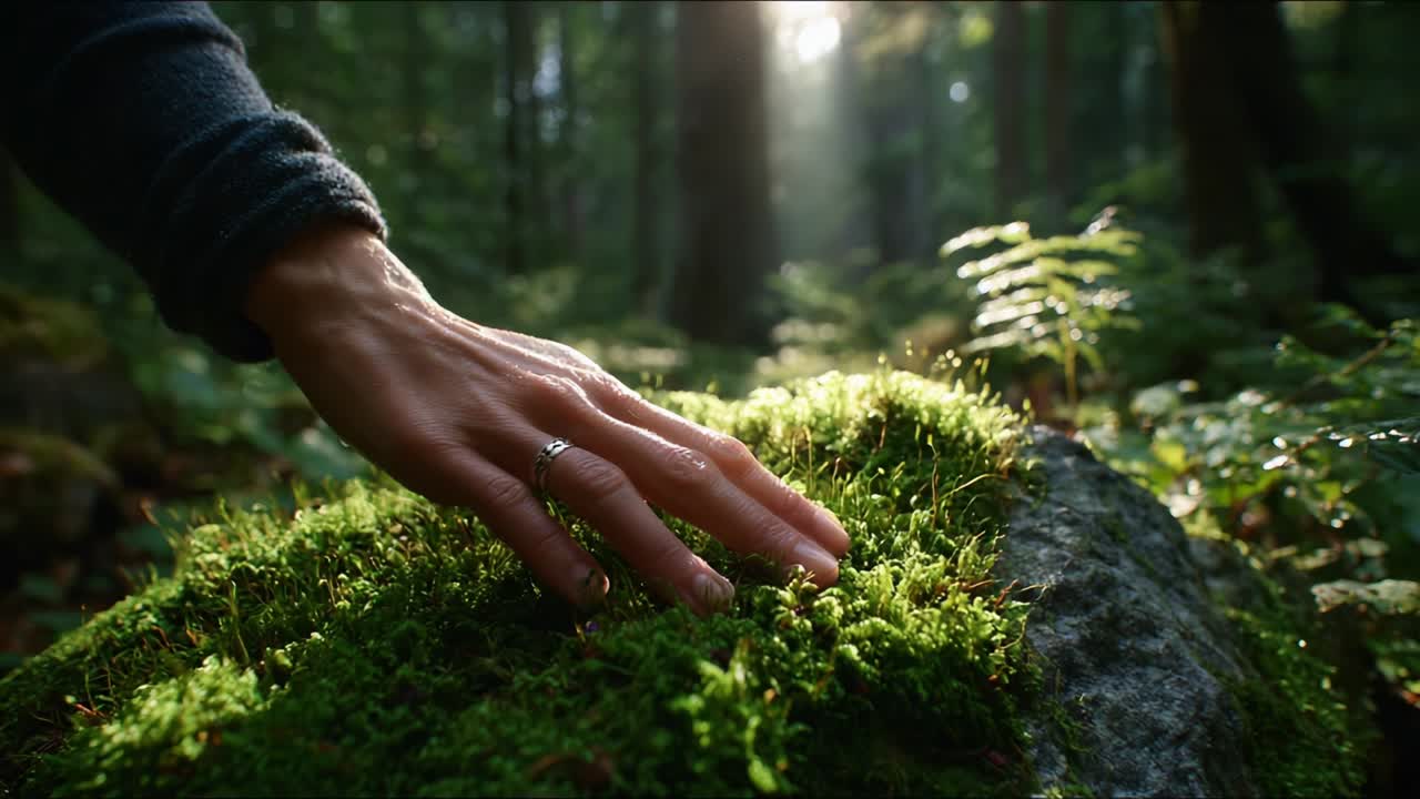 A Serene Touch with Nature: A Gentle Hand Glides Over Lush Green Moss in a Sunlit Forest, Capturing the Essence of Tranquility and Connection to the Natural World