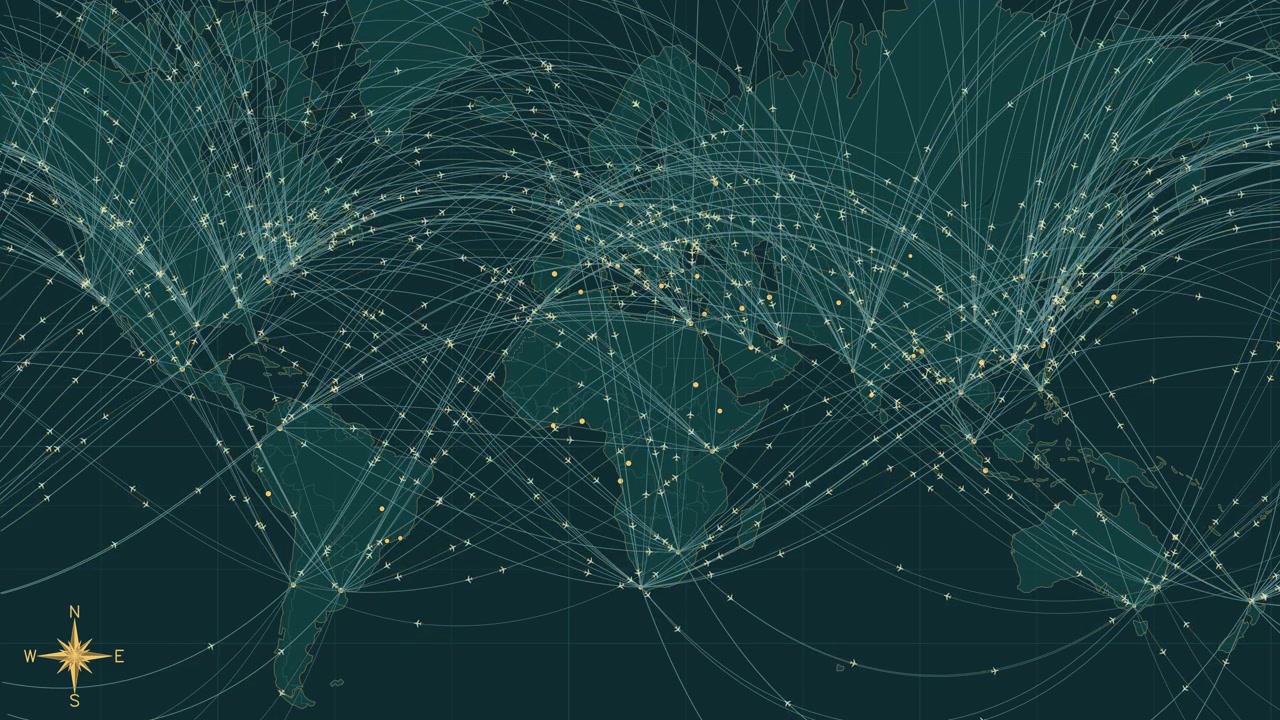 global flight routes traverse across over a world map, air traffic network in a seamless looping animation