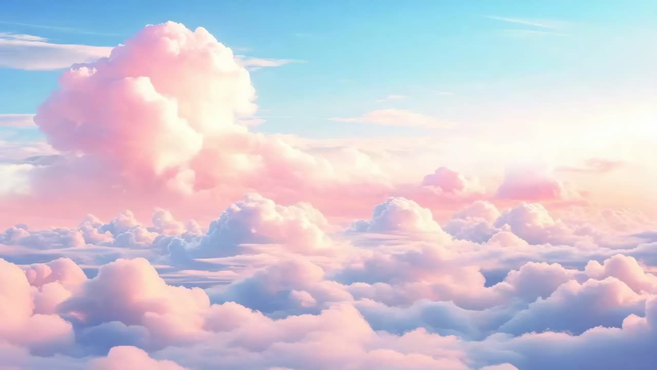 A dreamy, pastel-colored sky filled with fluffy clouds, captured from a high-angle view, perfect
