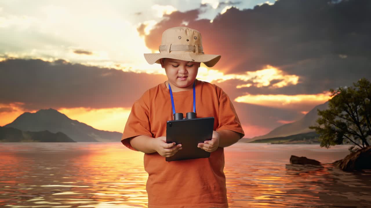 niño asiático con un sombrero y binoculares usando una tableta y sonriendo a un lago. niño investigador examina algo, concepto de aventura de turismo de viaje