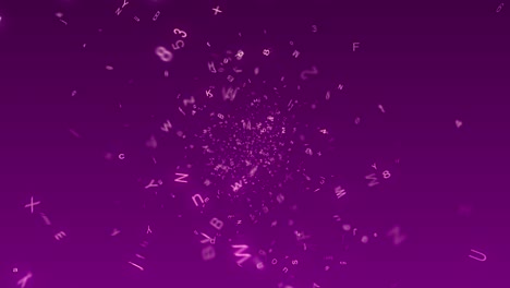 animación de letras y números ingleses flotantes. el color de fondo es púrpura. la lente está girando.