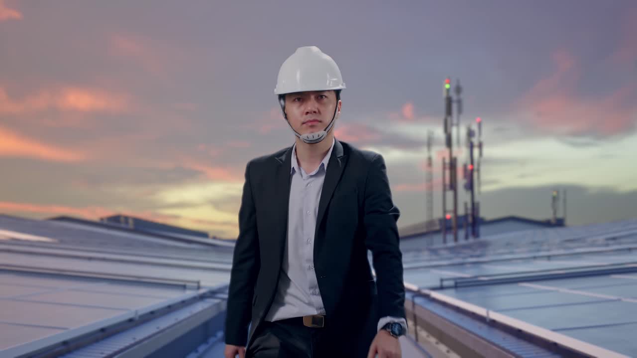 Frontbillede af asiatisk forretningsmand, der går og tjekker klokken på sit ur på et industrielt tag med solpaneler.