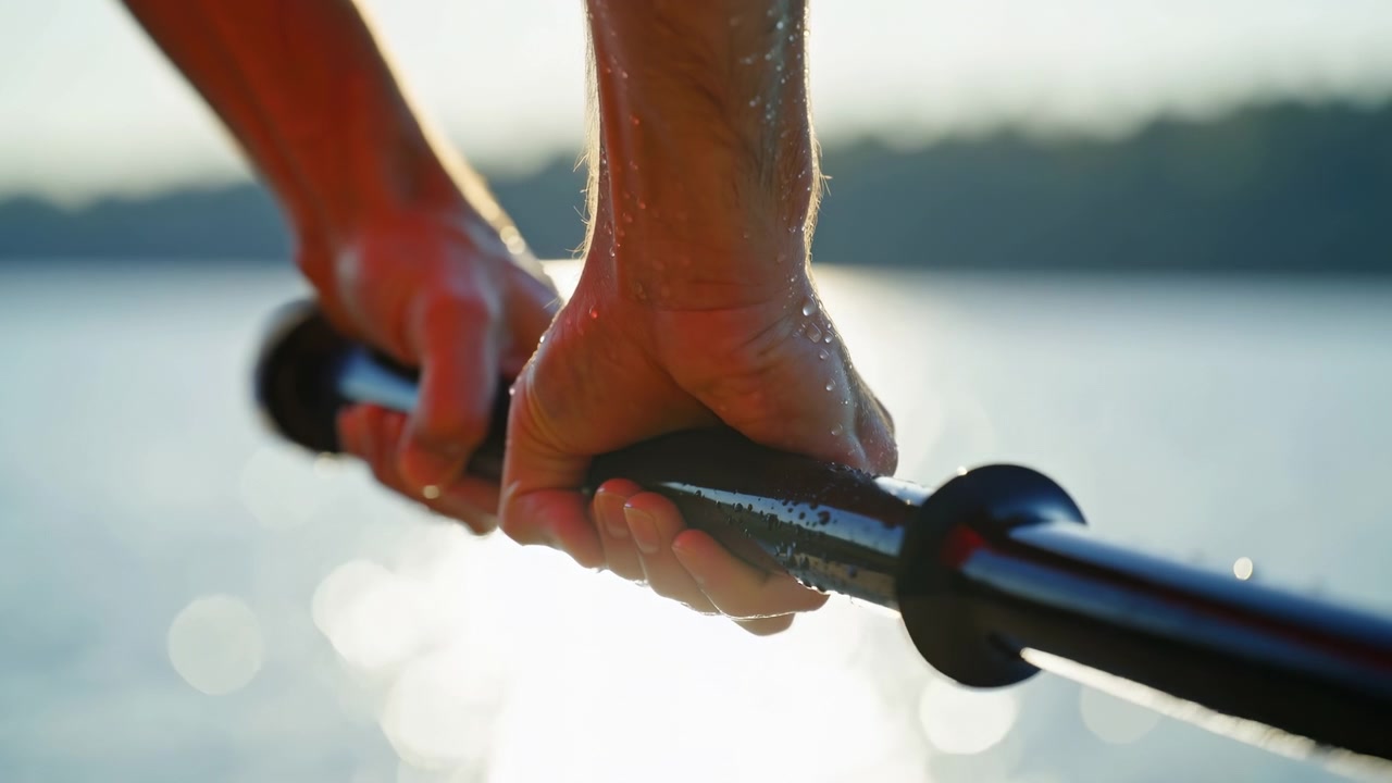 Primo piano di due mani adulte bagnate che afferrano saldamente il manico lucido nero di una pagaia sopra un lago riflettente all'ora d'oro, con dita arricciate e polsi flessi che mostrano tensione e una presa controllata.