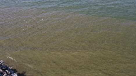 V-shaped-pattern-of-Brown-Pelicans-flying-low-over-the-gulf-of-Mexico-from-aerial-perspective