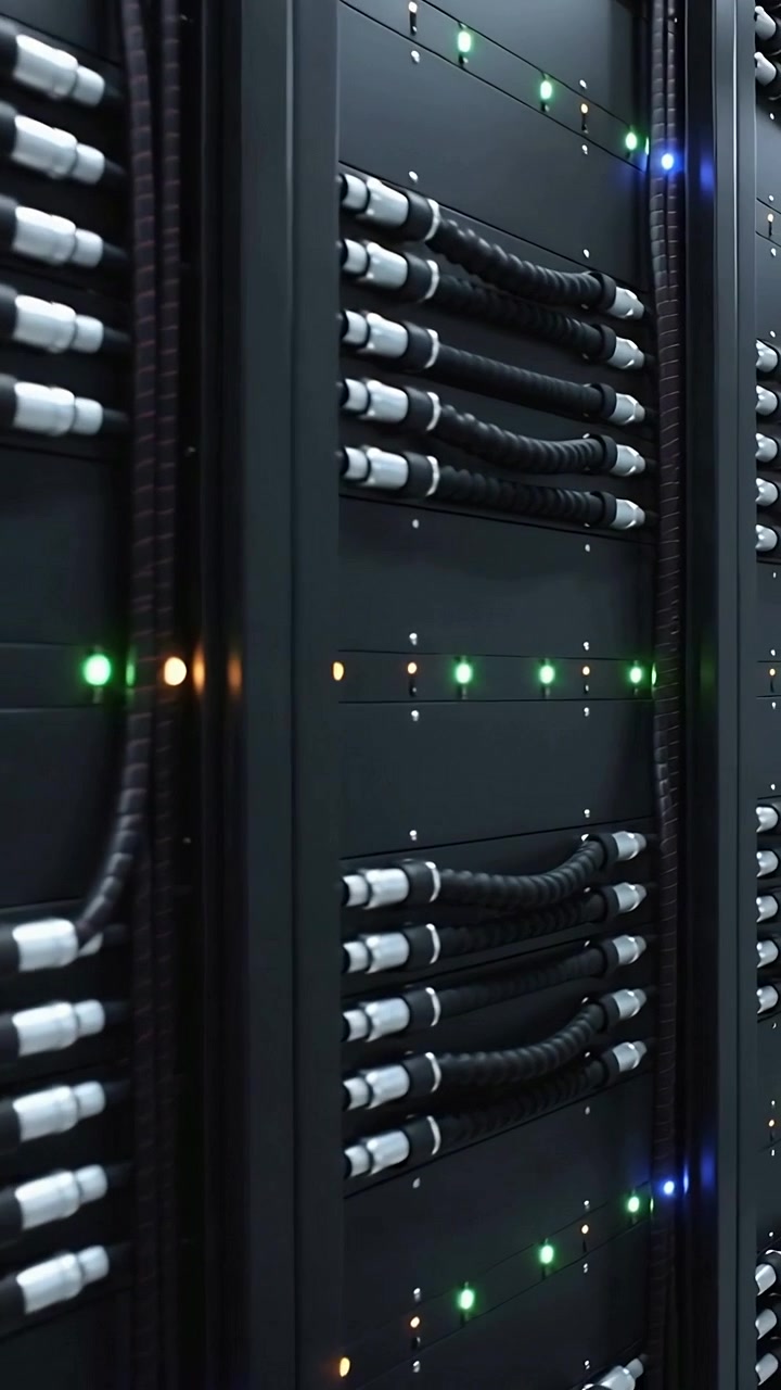 Video verticale: Telecamera in panoramica che mostra un rack di server in un datacenter, controllando cavi intrecciati e LED