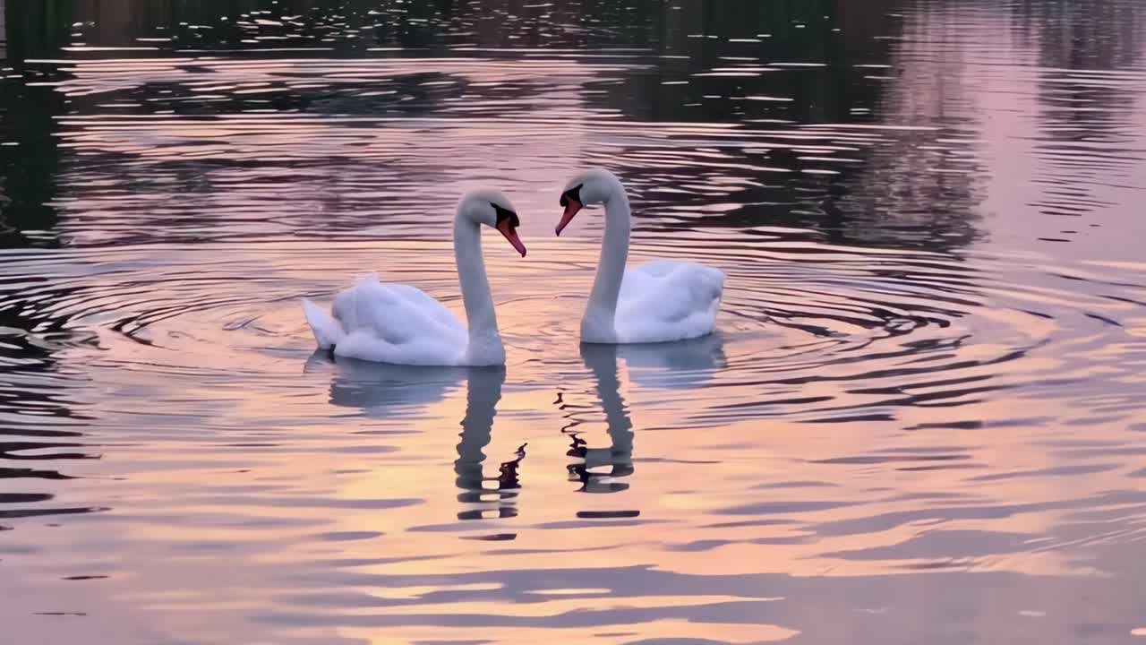dos cisnes en la puesta del sol