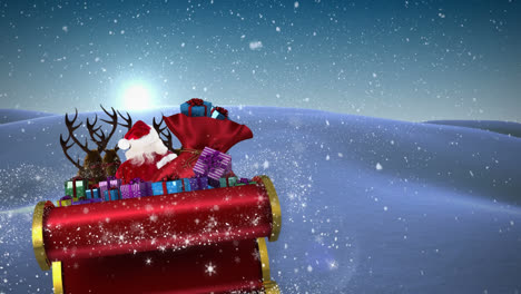 Animation-of-santa-claus-in-sleigh-with-christmas-gifts-and-snow-falling-in-winter-landscape