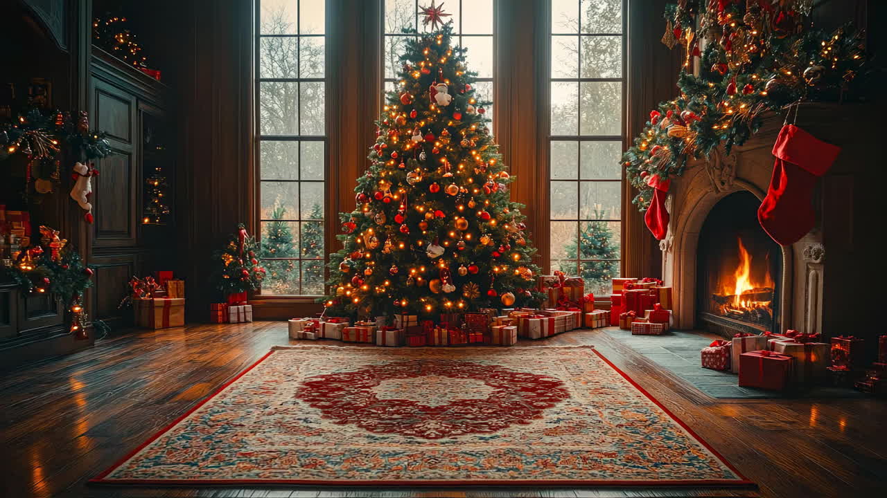Cozy living room with tree and fire. A decorated Christmas tree glows next to a warm fireplace in a cozy living room filled with presents and holiday cheer
