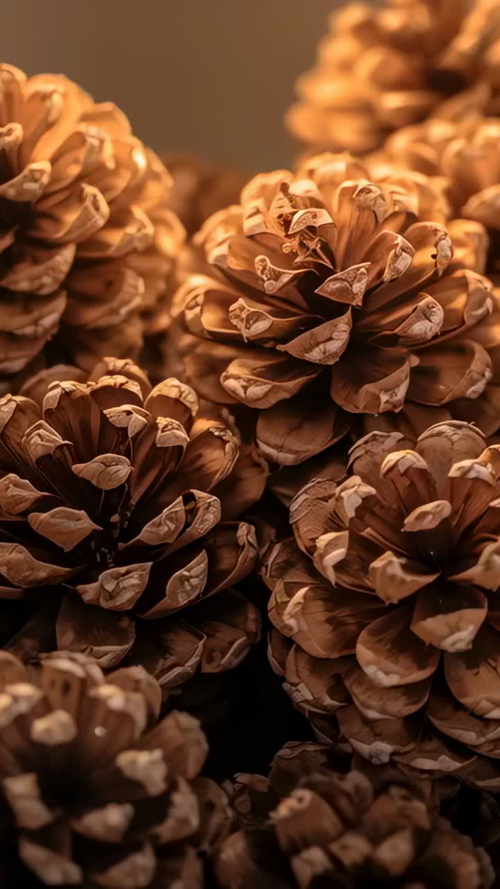Vertical video: Shifting camera highlighting textures on studio pinecones, shallow focus warm light