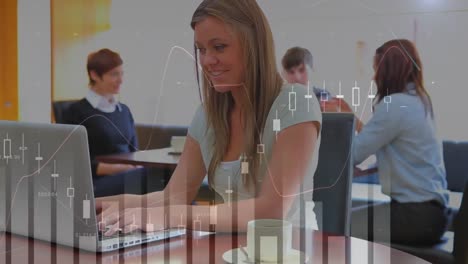 animation of financial data processing over diverse business people at meeting