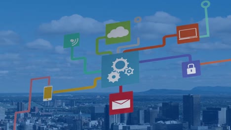 Animation of network of connections with icons over cityscape