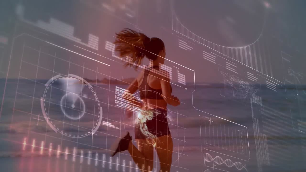 animación del procesamiento de datos sobre una mujer en forma corriendo en la playa
