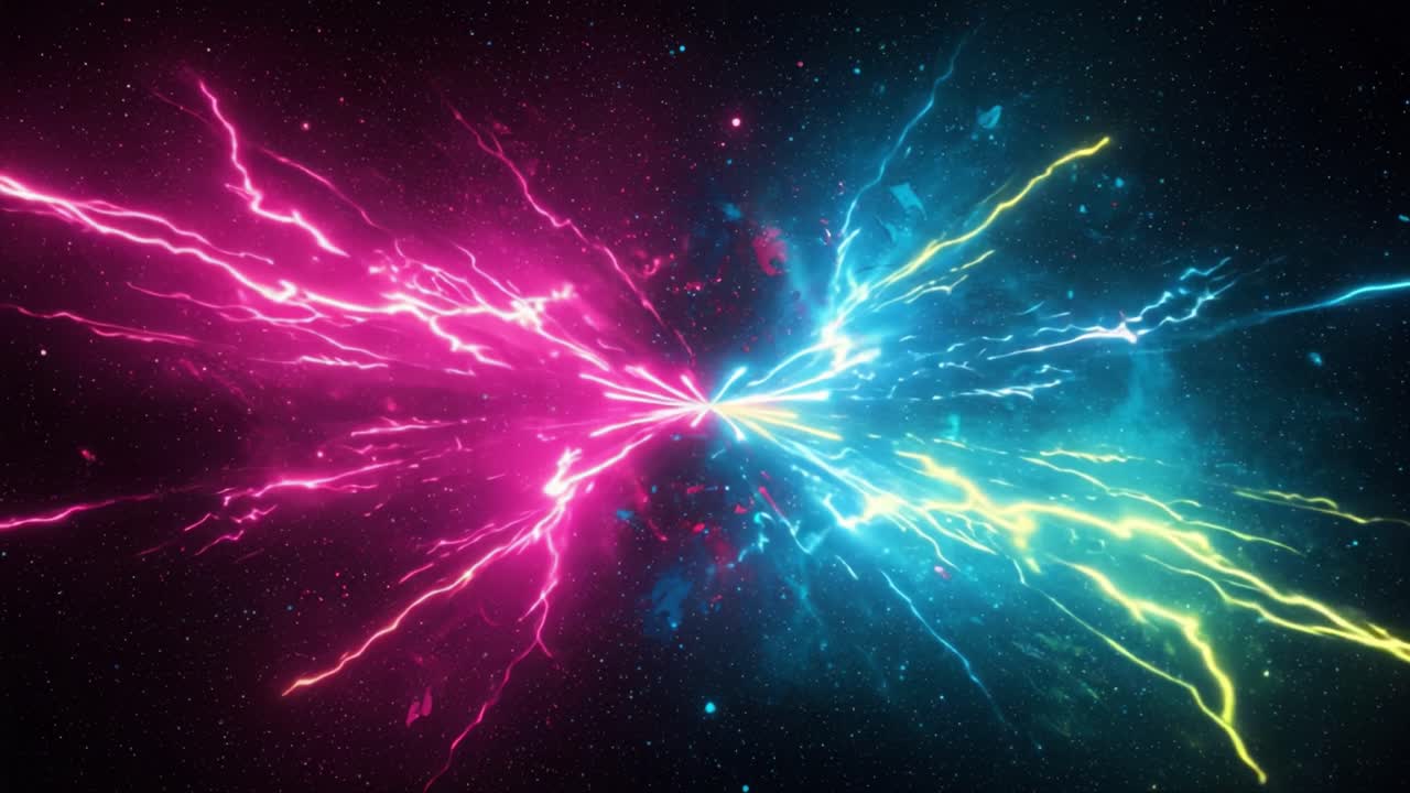 A Spectacular Cosmic Display of Lightning Strikes in Vibrant Colors, Featuring a Dynamic Interplay of Pink and Blue Electric Energies Against a Stellar Background