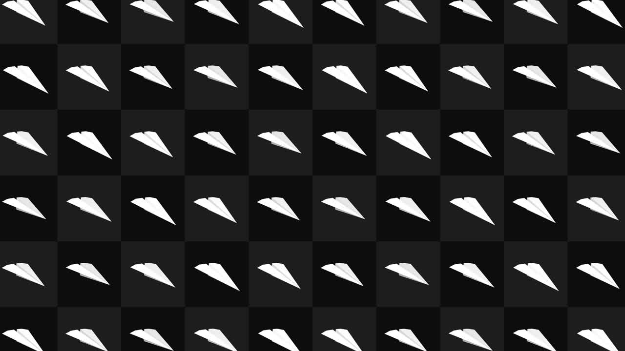 Handmade paper plane collection. Loop animation of flowing white paper plane on black background. Business connection concept. Origami airplane flying.