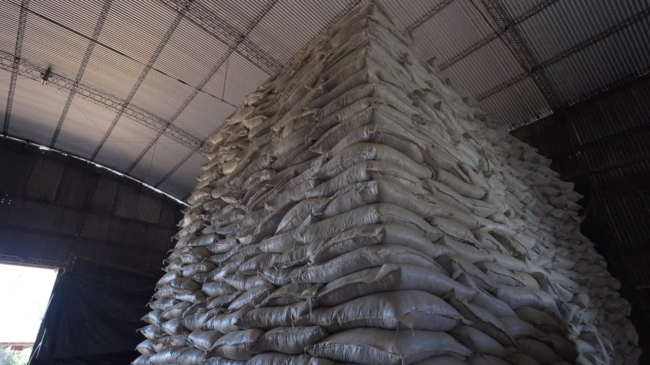 White bags of yerba mate bales neatly stacked and stored in a large hall for aging.