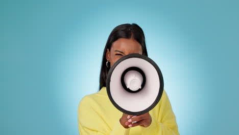 face, megaphone or happy woman with announcement