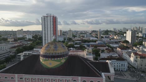 Aerial-Drone-View-Cusp-of-Amazon-Theater,-Manaus-Brazil-Urban-Landscape,-Historical-Landmark-of-Amazonas-Largest-City