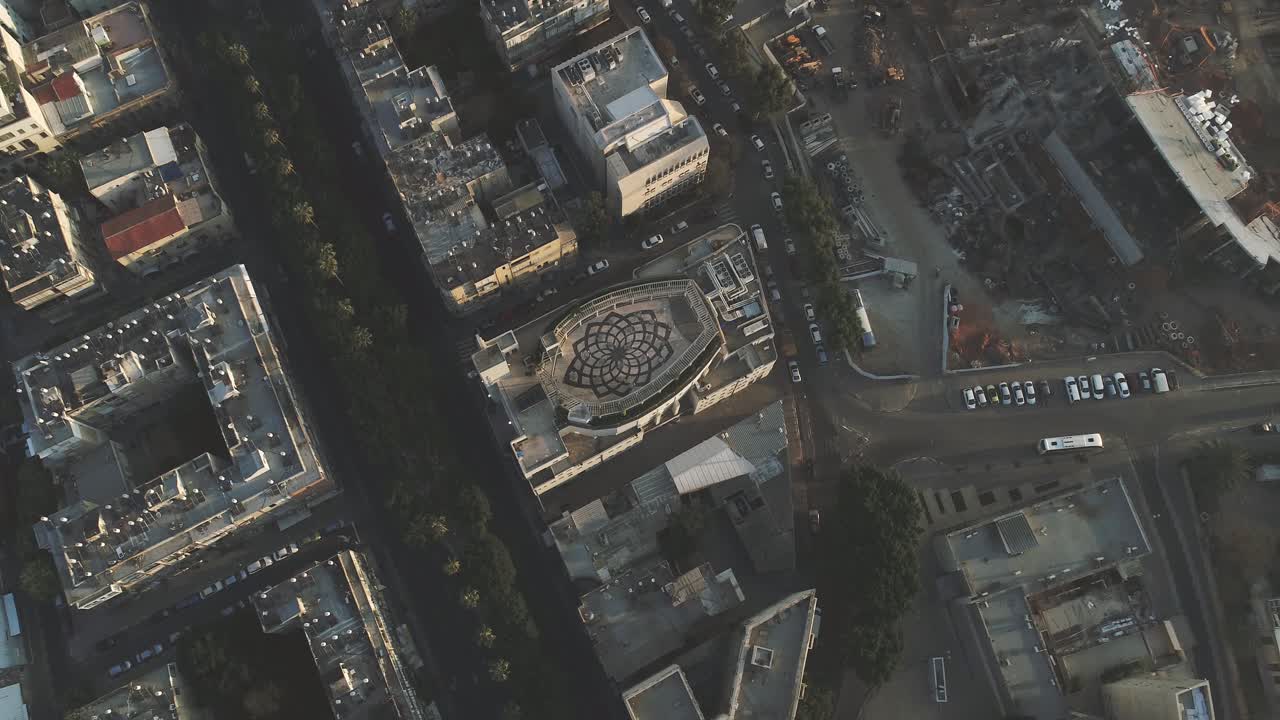 Aerial drone view above Scientology church building in Tel Aviv Israel. Scientology is a belief system and practices as human is an immortal and resident in a physical body and life after death