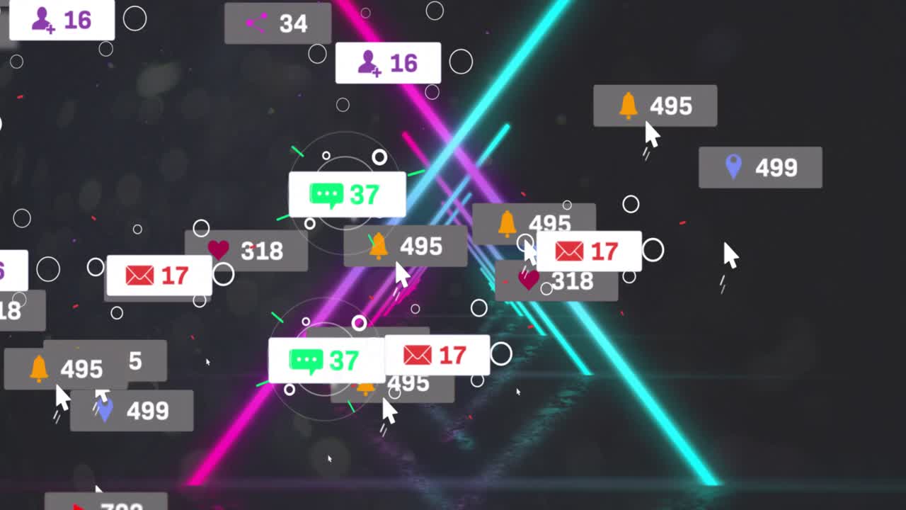 Red counter appearing, sending sliding badges from sides clustering over neon tunnel for engagement