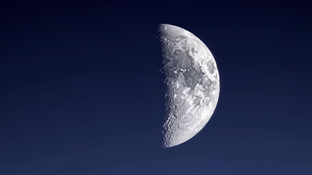 Uma imagem estática de vídeo serena de uma lua crescente em um céu escuro, capturada de uma perspectiva de ângulo baixo
