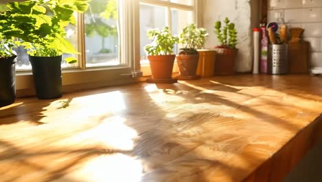 a wooden counter top in a kitchen next to a window