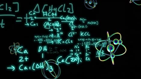 Animation-of-atom-model-spinning-and-data-processing-on-black-background