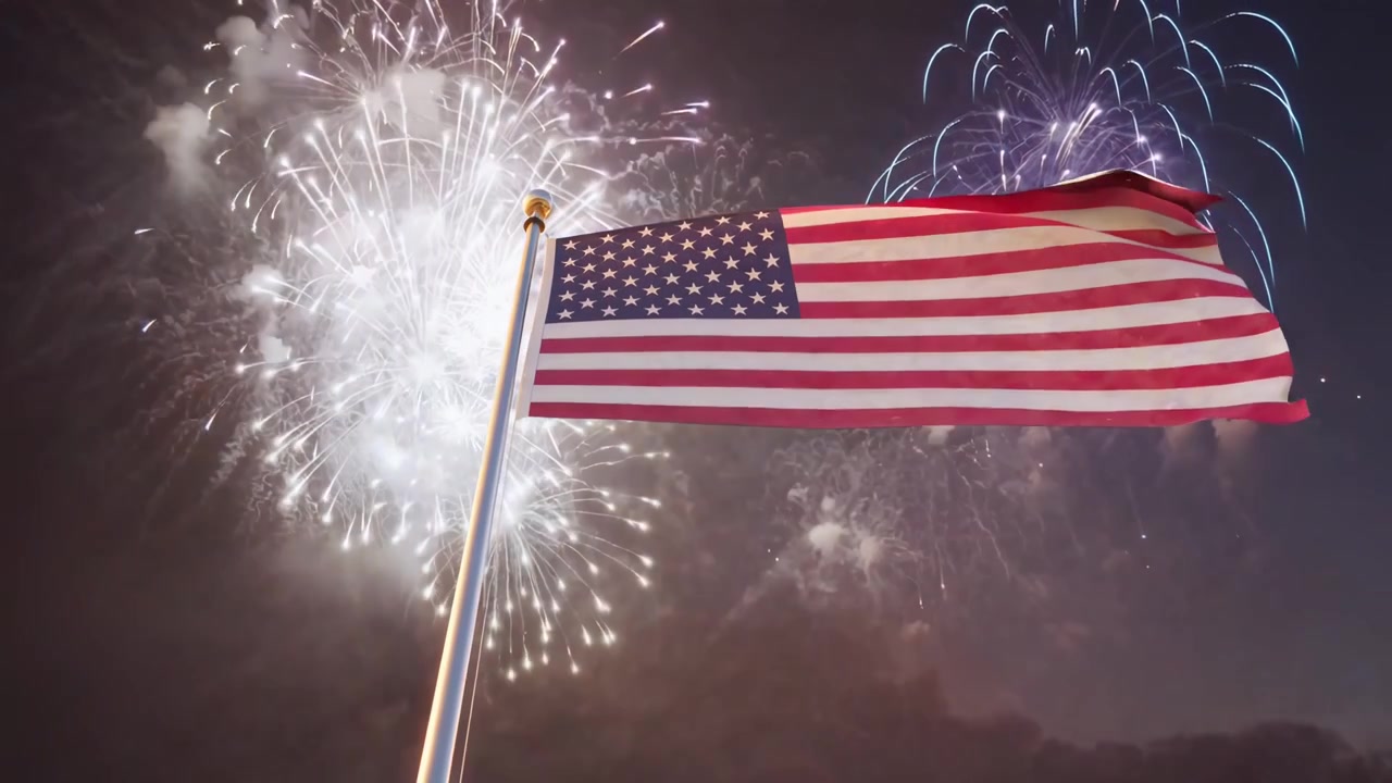 American Flag Waving Against a Night Sky with Fireworks