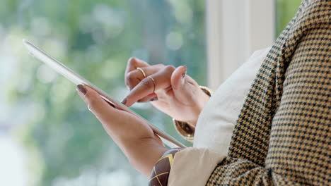 business woman, tablet scroll and hands zoom