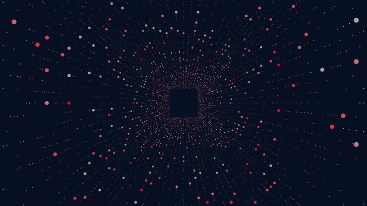 Abstract art red dots scattered on black background in circular pattern