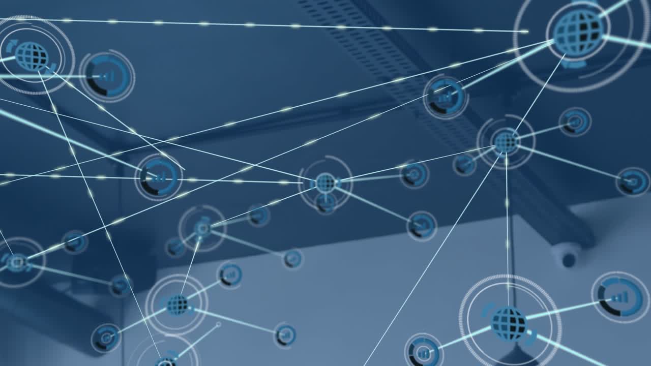 Animation of globe and graph icons connecting with lines under office ceiling