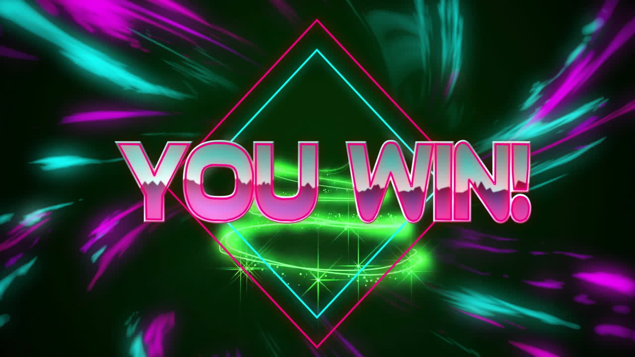 당신은 승리! 네온 기하학적 모양과 다채로운 빛 줄무에 대한 텍스트 애니메이션