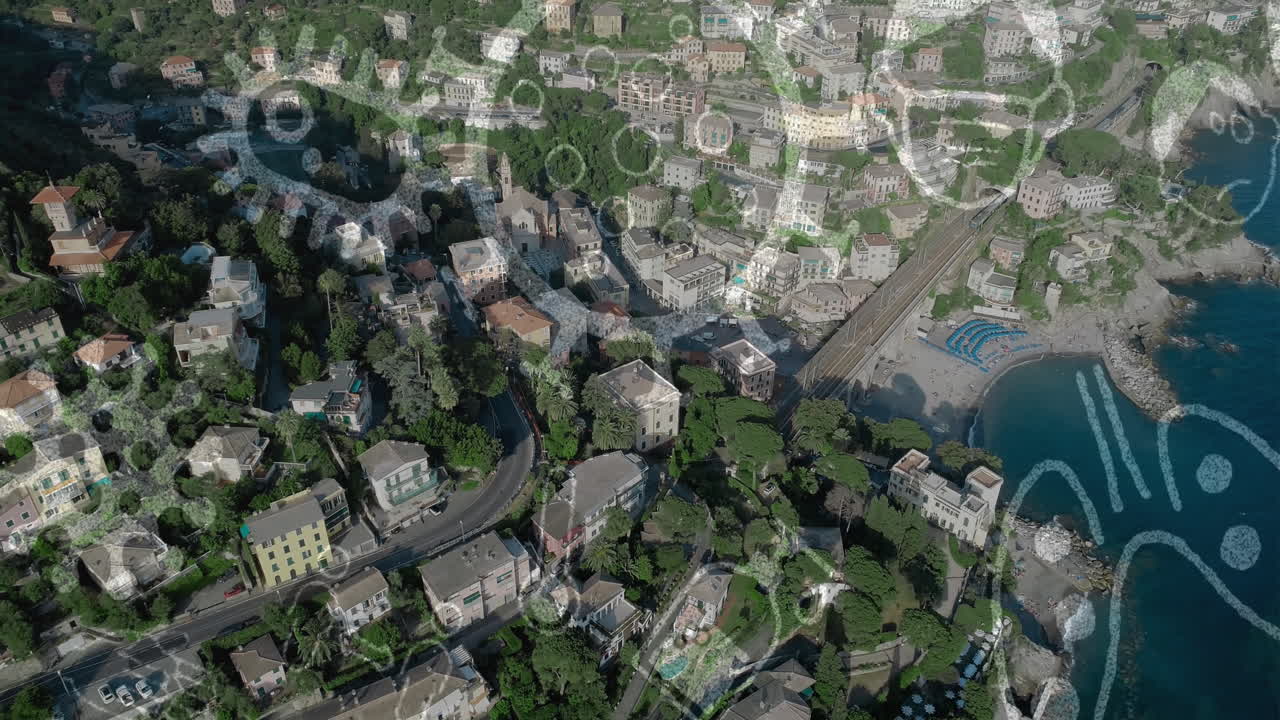 iconos del concepto de coronavirus contra una vista aérea del paisaje urbano