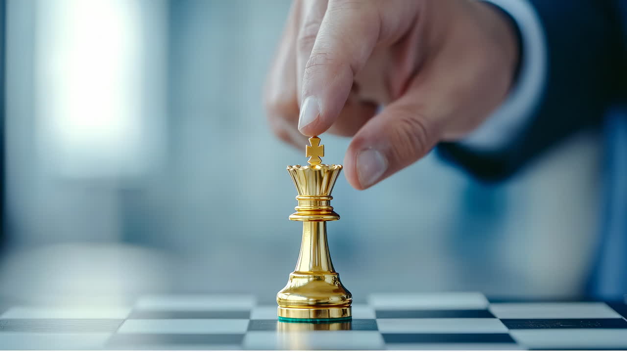 Player makes a move in chess. A hand lifts a golden chess piece during a game on a chess board in a competitive setting