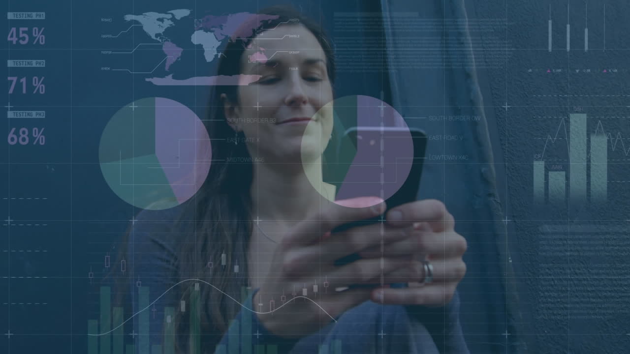 animación del procesamiento de datos estadísticos contra mujeres caucásicas que usan teléfonos inteligentes al aire libre