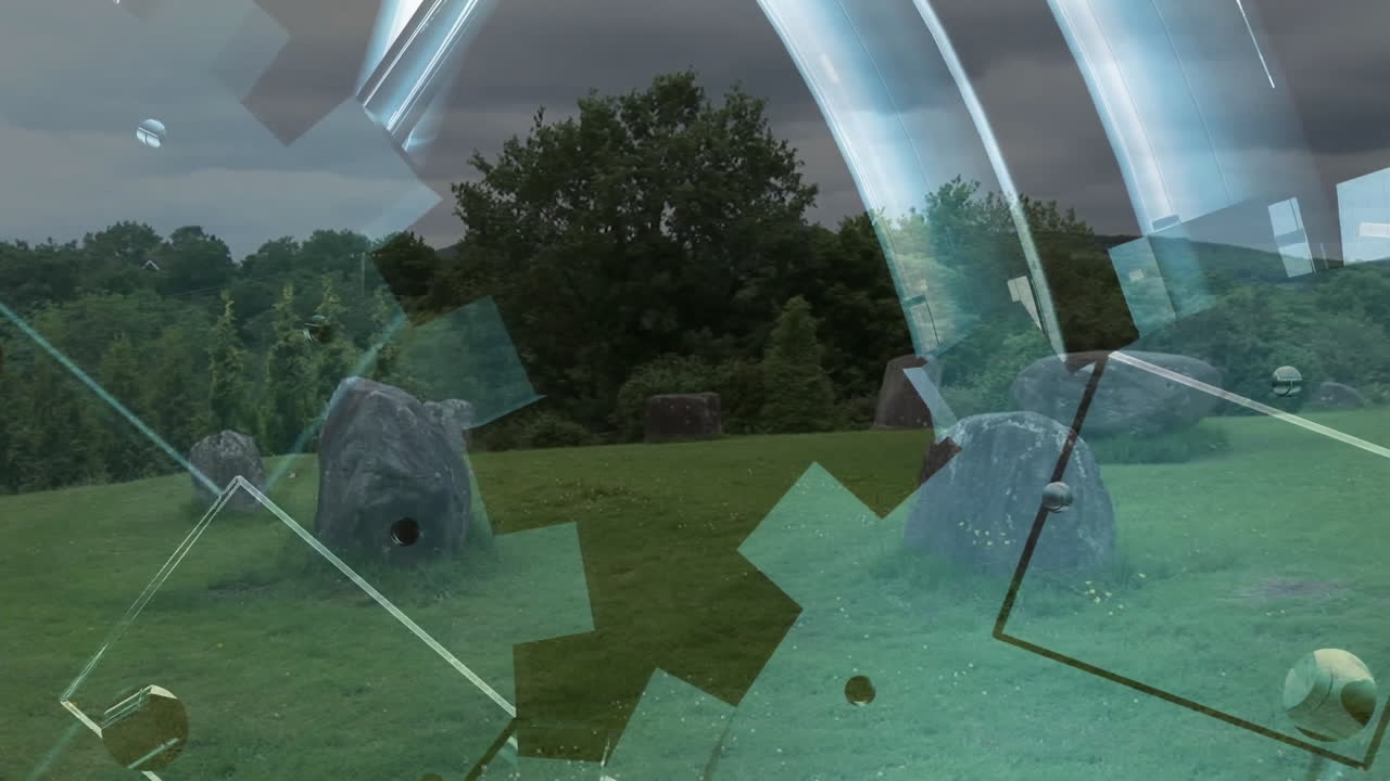 Transparent geometric shapes animation over ancient stone circle in grassy field