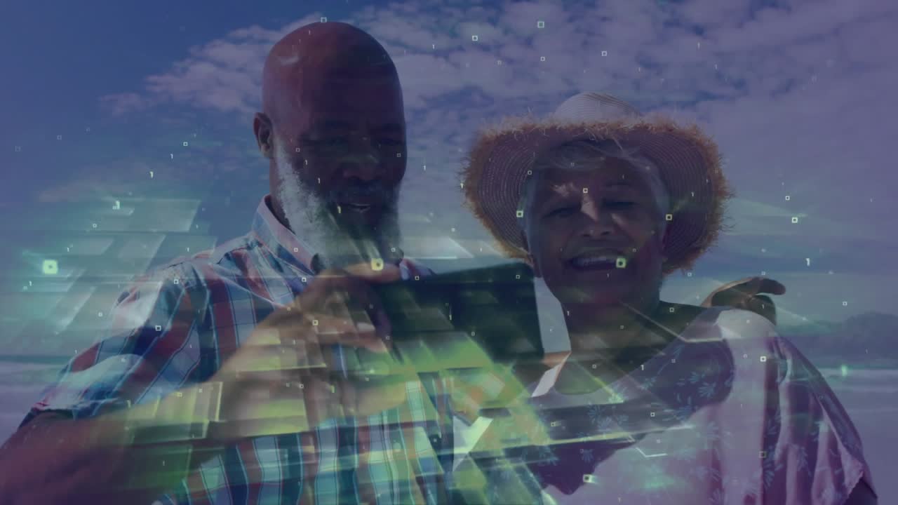 Senior couple standing shoreline exploring smartphone tech swiping framing selfie and capturing pic
