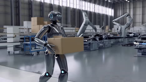an industrial robot carrying a package in an automated factory