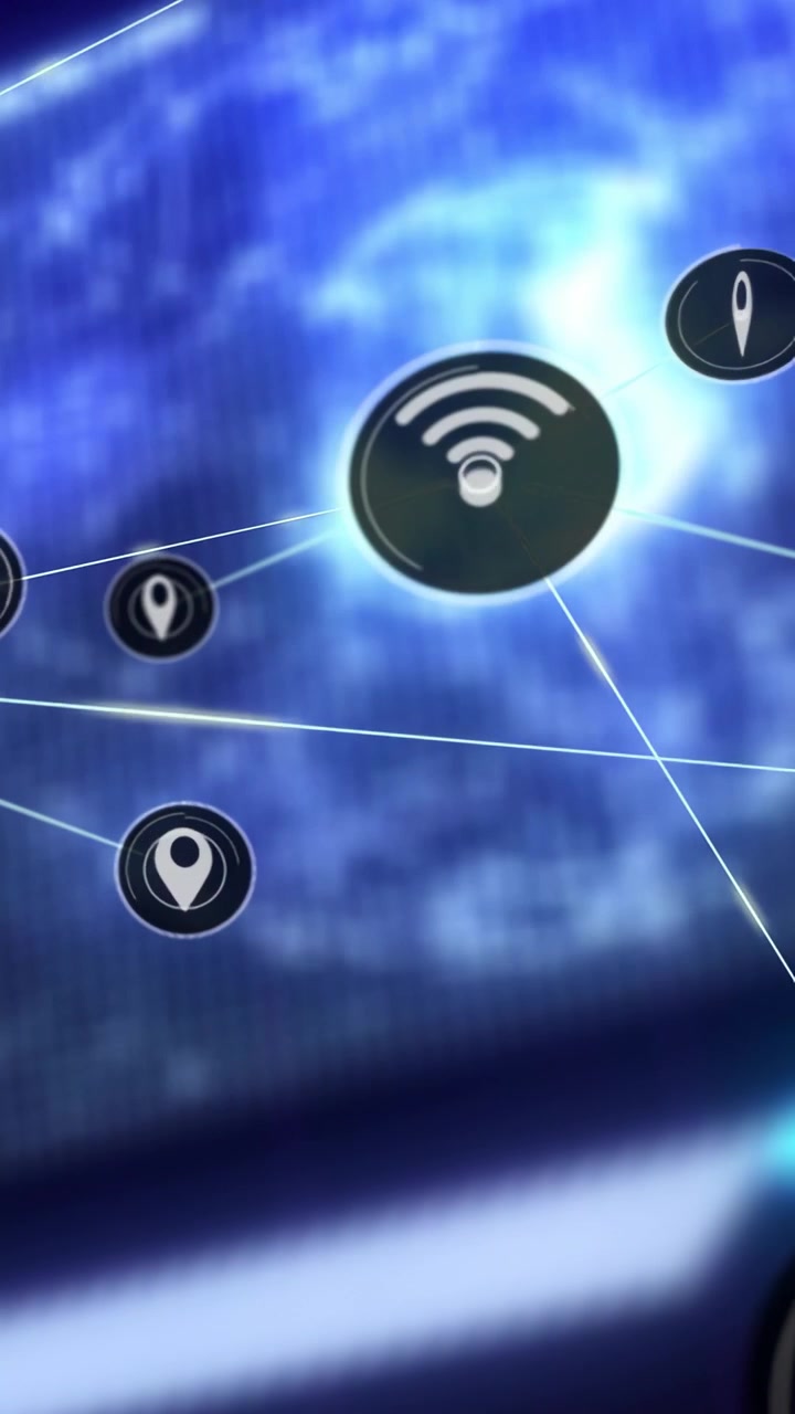 Vertikal video: Blå globus danner noder, der falmer, glider og forbinder, mens en Wi-Fi-node stiger op og viser forbindelser.