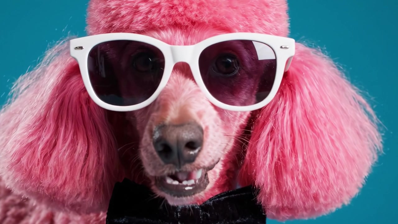 Ein glamouröser rosa Pudel posiert mit Sonnenbrille und Fliege und präsentiert in diesem charmanten Haustier-Fotoshooting eine stilvolle und lustige Persönlichkeit vor einem lebhaften blauen Hintergrund.