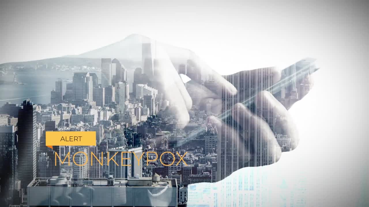 스마트폰과 도시 풍경으로 손 위에 원 ⁇ 이 천연두의 애니메이션