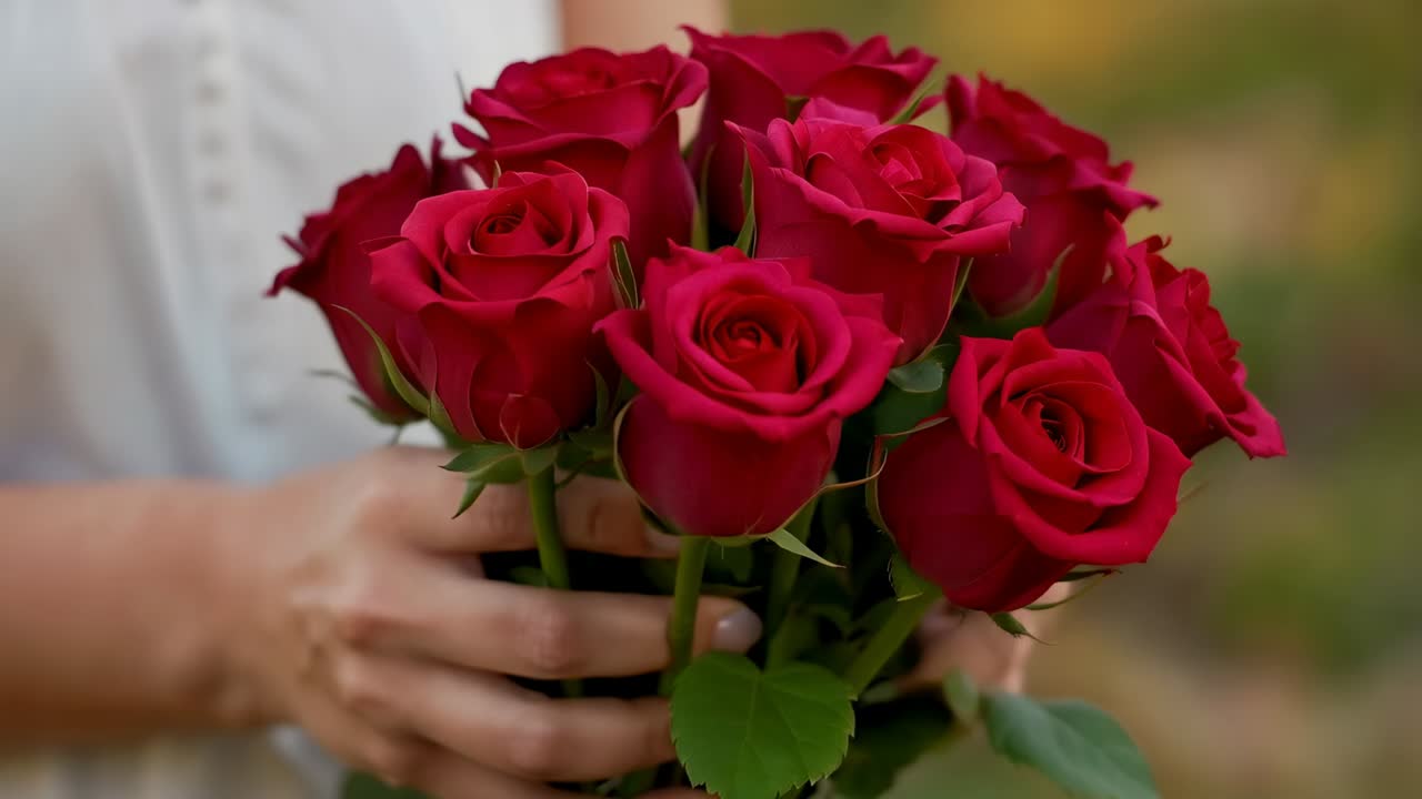 Adjusting woman's hands repositioning stems, compacting red roses at garden, white buttoned blouse