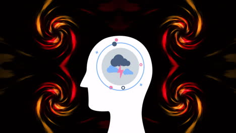 animation of clouds and thunderstorm with circles in human head over dynamic spiral patterns