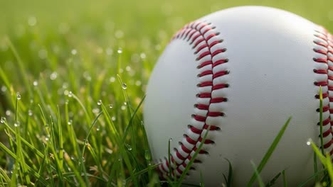 a close-up of a dewy baseball on fresh green grass, capturing the essence of a spring day with glimmering water droplets reflecting the morning sun