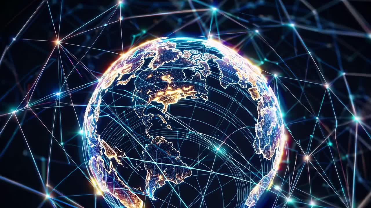 Aerial view of a digital Earth with glowing network lines, showcasing global connectivity