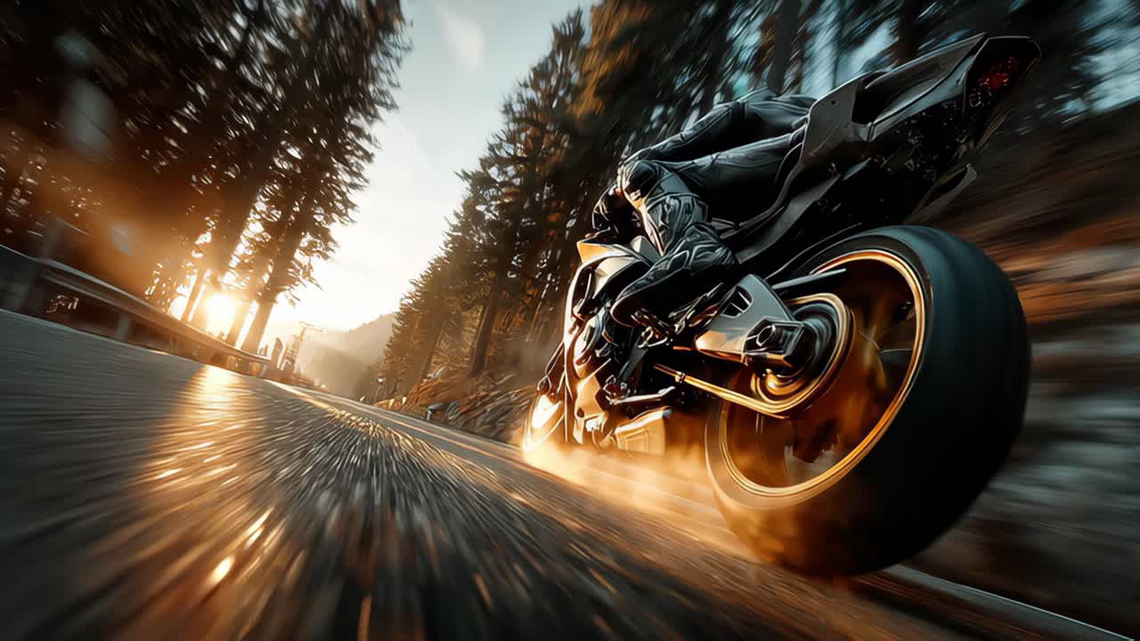 Thrilling sunset ride biker on motorcycle in forest